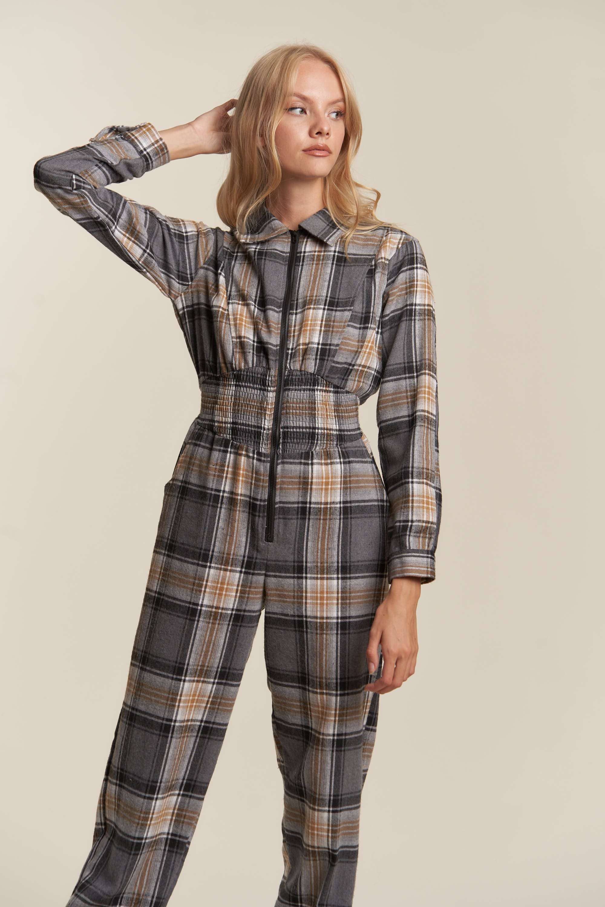 Hers & Mine - Wholesale Jumpsuit - Women's - PLAID ZIPPER DOWN SMOCKED WAIST JUMPSUIT6