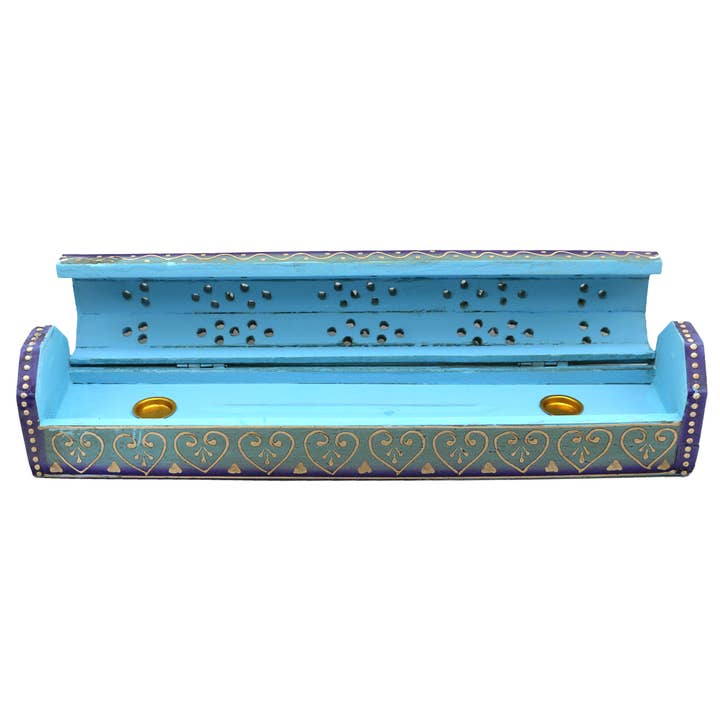 Designs by Deekay Inc. - Wholesale Incense Holder - Blue Hand Painted Wooden Incense Box (12 in.)