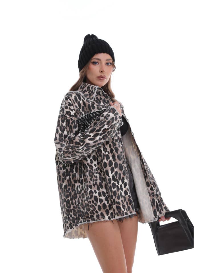 Beige 7310 Leopard print denim jacket with fringes for wholesale on Faire3