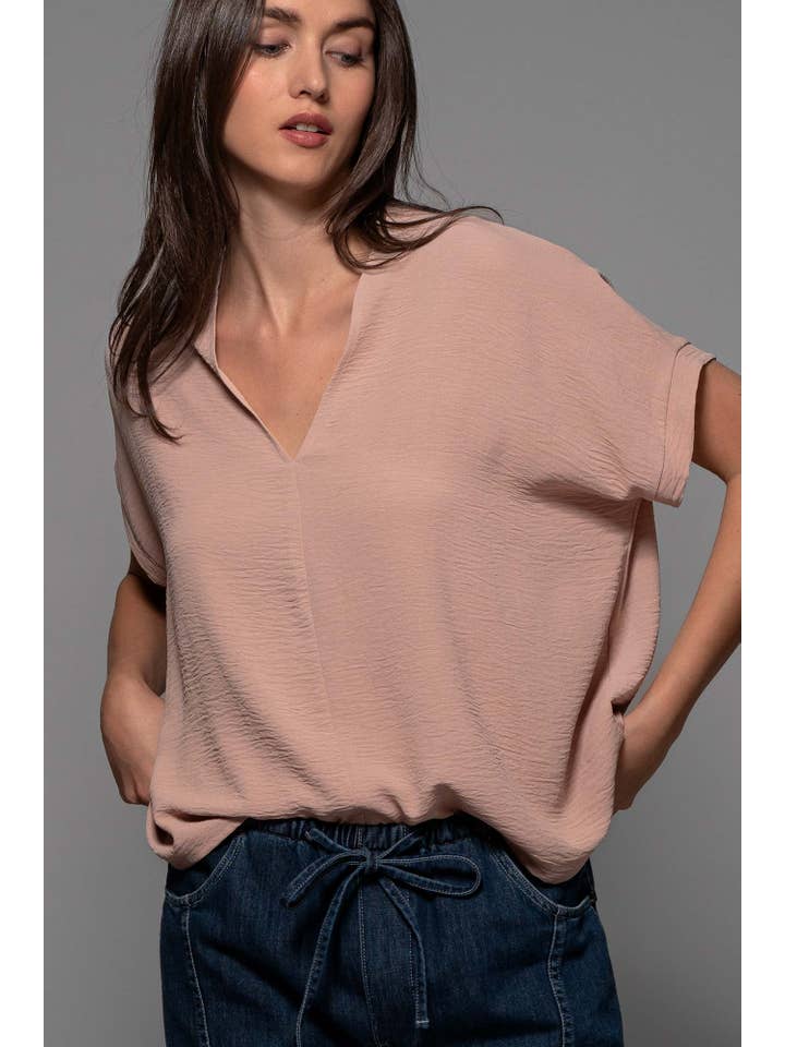 Urban Daizy - Wholesale Blouse - Women's - Relaxed V-Neck Top with Folded Sleeves