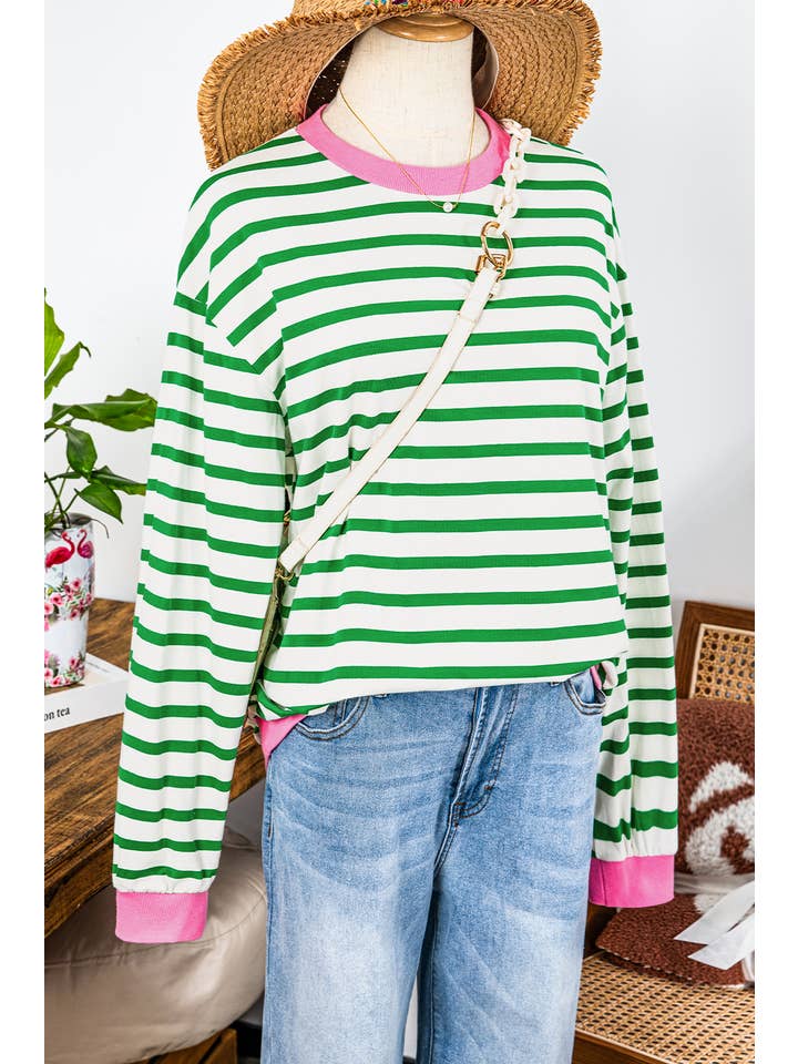 fashionworks - Wholesale Blouse - Women's - Fall Clothing Stripe Contrast Edge Long Sleeve Top Blouse