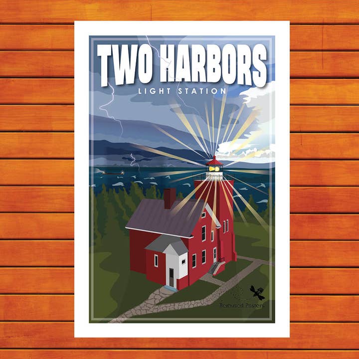 Two Harbors Light Station Retro Travel Poster Prints for wholesale by Bemused Creative