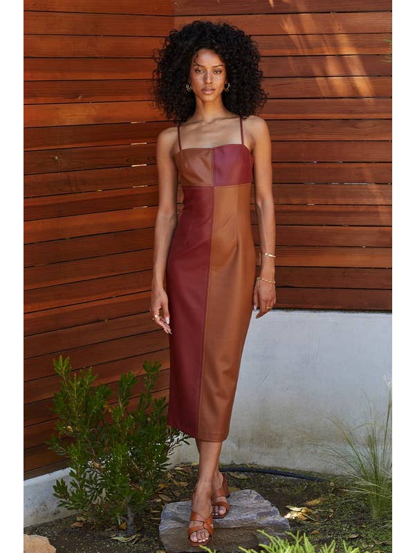 Crescent - Wholesale Dress - Women's - CD8004 - Alix Color Block Vegan PU Midi Dress1