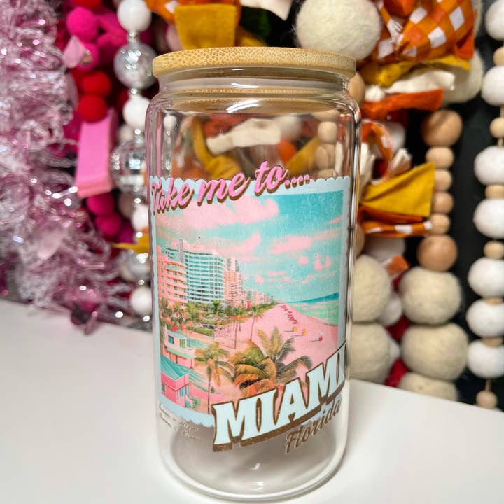 Caneca de café em lata de vidro com selo postal Retro Take Me To Miami por atacado de Crafty Pynk Scorpion
