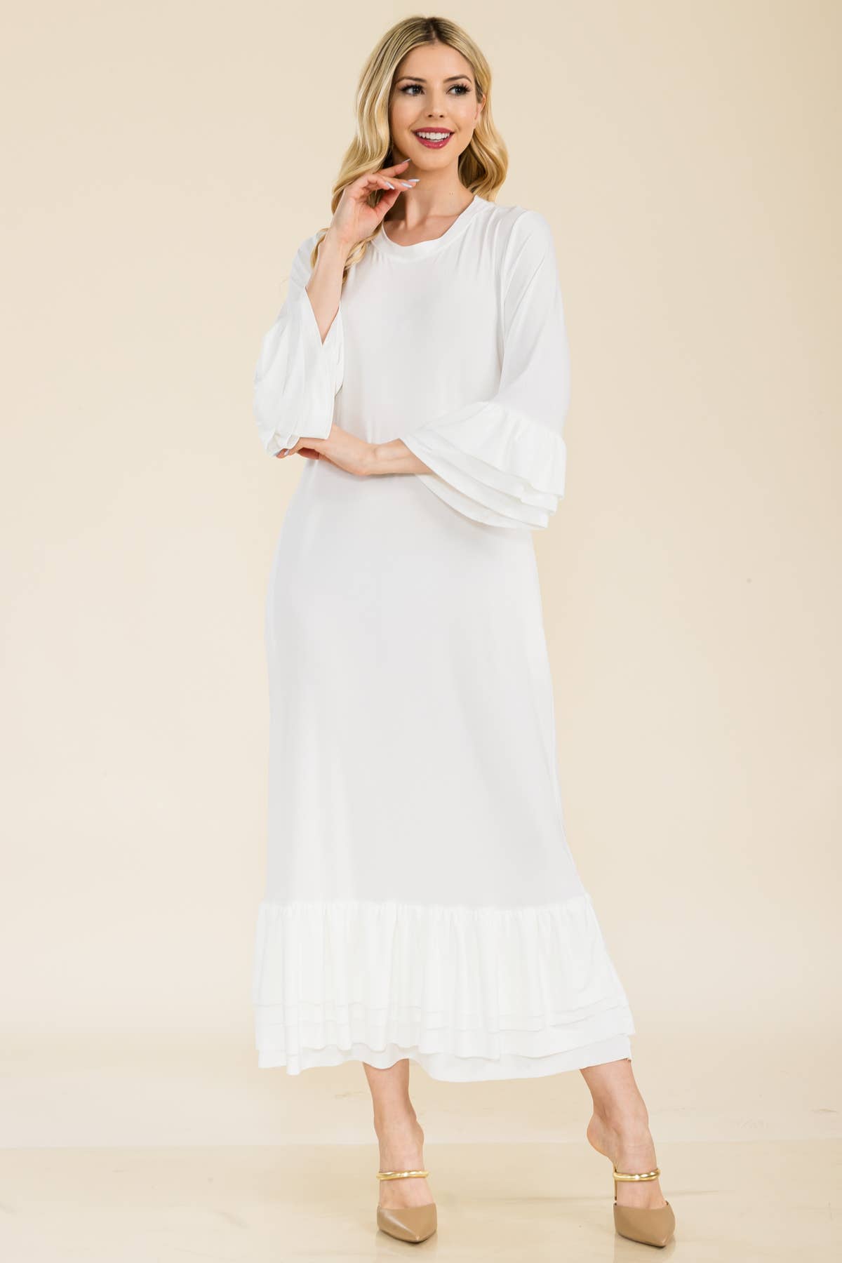 Celeste Clothing – Vestido - Mulher por atacado – VESTIDO MODESTO TAMANHO PLUS COM MANGAS DE SINO EM CAMADAS -CD4389819