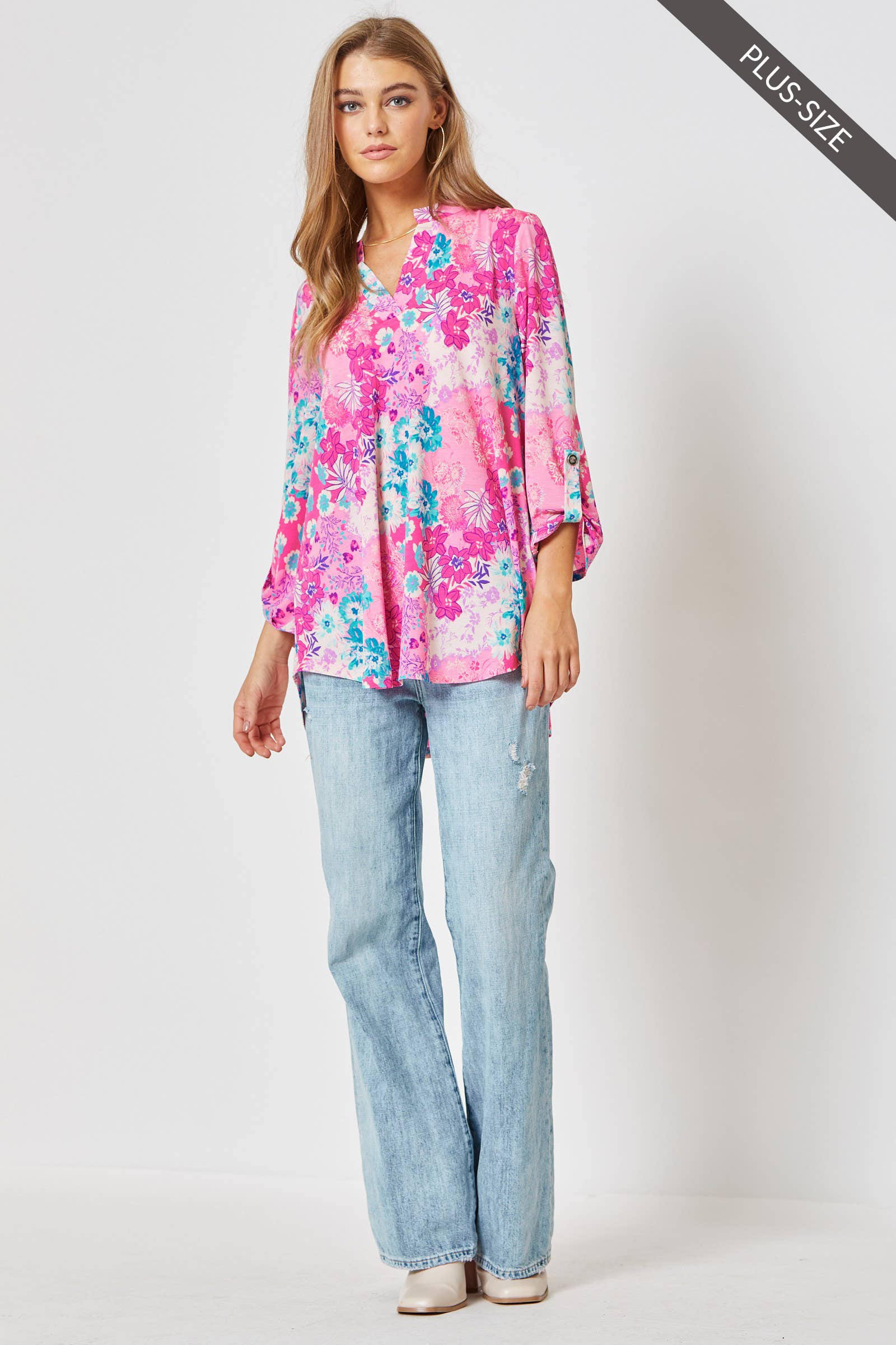 Rosa Top senza pieghe LIZZY con maniche a 3/4 PLUS SIZE in vendita all'ingrosso su Faire1