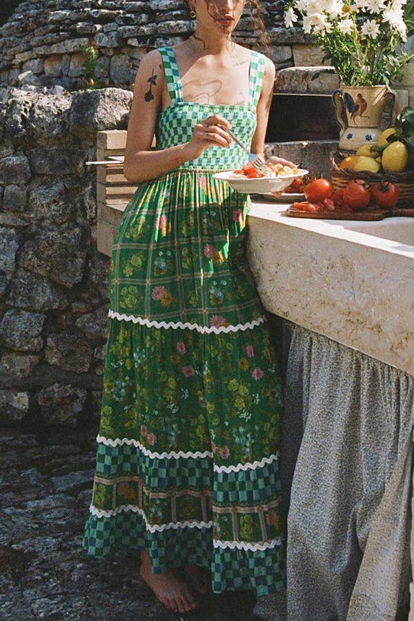 Green checkered Unique Floral Boho ric rac tiered dress for wholesale on Faire5