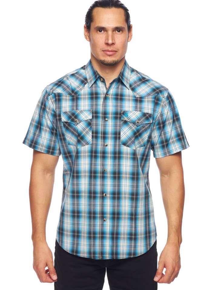 Camisa western de manga corta a cuadros con estampado de perlas para hombre  para venta al por mayor de Rodeo Clothing