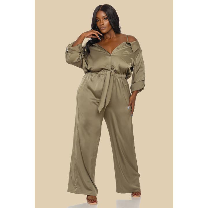 PLUS SOLID SATIN JUMPSUIT WITH OFF SHOULDER for wholesale by The Sang