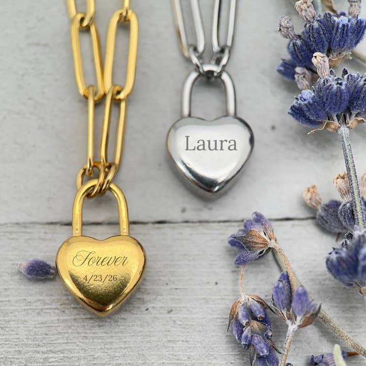 Personalized Heart Lock Necklace • Engraved Padlock Charm • Stainless Steel Love Lock • Custom Name or Date • Anniversary Gift for wholesale by Sunlight Silver Jewelry