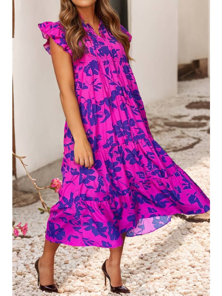 Little Daisy Closet - Wholesale Dress - Women's - LDC Floral Print Tiered Frilled Trim Flutter Sleeve Dress
