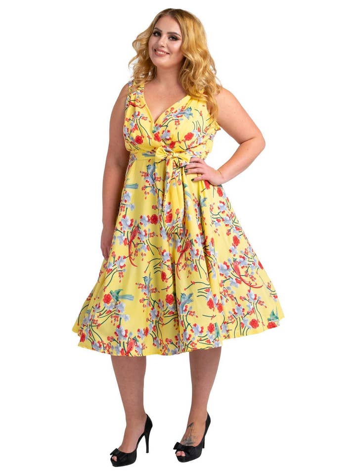 Women Fashion Clothing Retro Bird Vintage Dresses Yellow for wholesale by Miss Lavish London