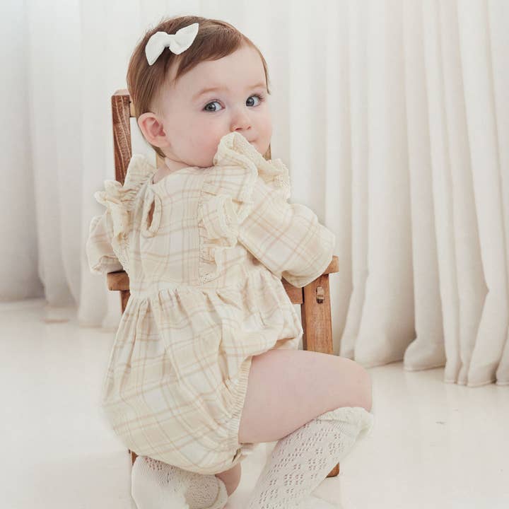 Beige Plaid Bubble Ruffle Flannel Romper for wholesale on Faire