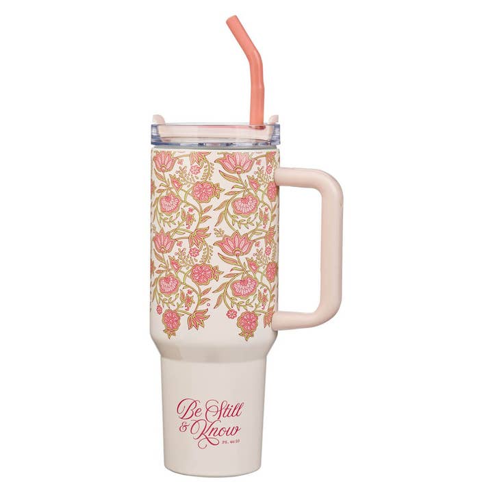 Christian Art Gifts - Wholesale Insulated Mug/Tumbler - Tumbler w/straw SS Pink Be Still Ps. 46:10
