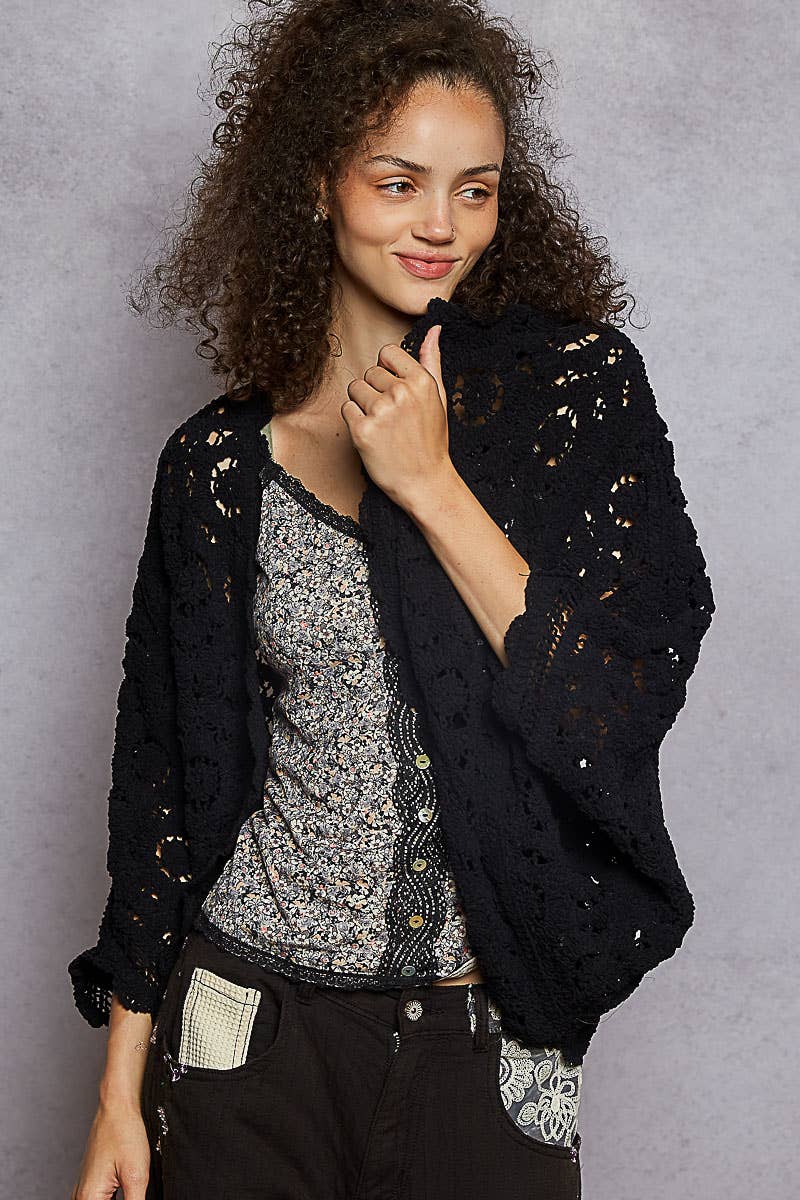 Pol Clothing - Wholesale Cardigan - Women's - Long sleeve v neck floral pattern crochet chenille cardigan1