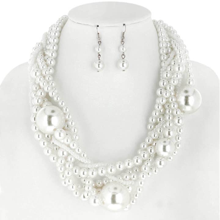 SP Sophia Collection - Wholesale Jewelry Set - Mix Pearl Multi Strand Twisted Beaded Necklace Set
