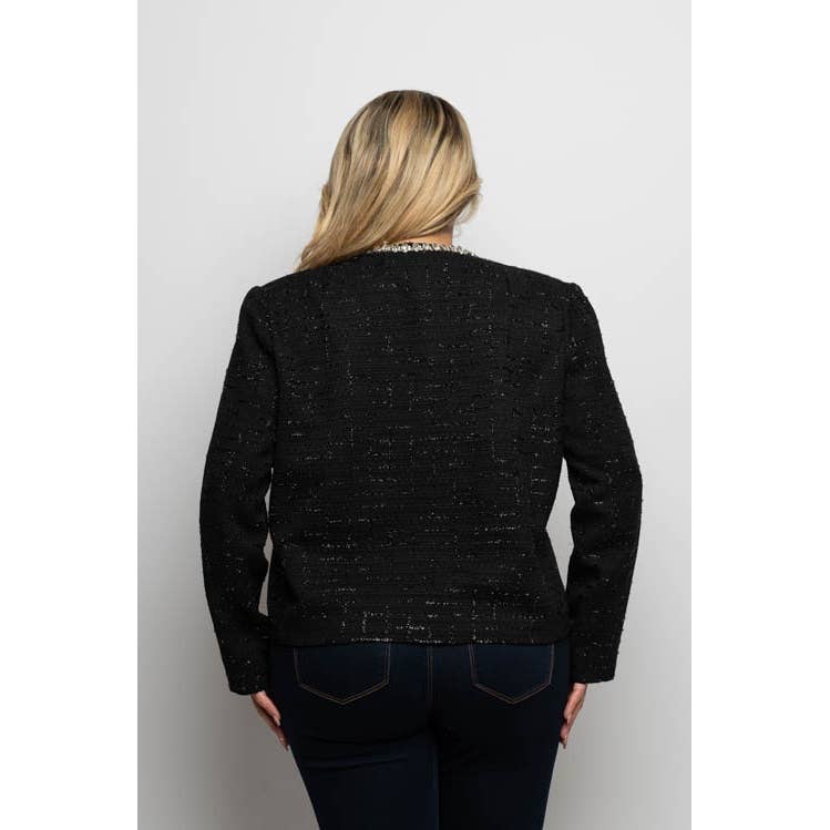 Curve Market - Wholesale Jacket - Women's - PLUS SIZE RHINESTONE TRIM OPEN FRONT TWEED JACKET1