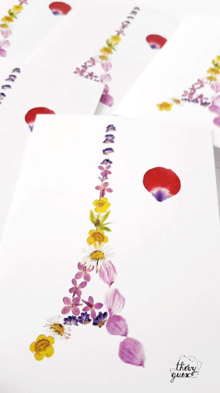Thévy Guex - Wholesale Everyday Greeting Card - MAP OF DOUBLE EIFFEL TOWER PARIS FRANCE FLOWER HERBARIUM1