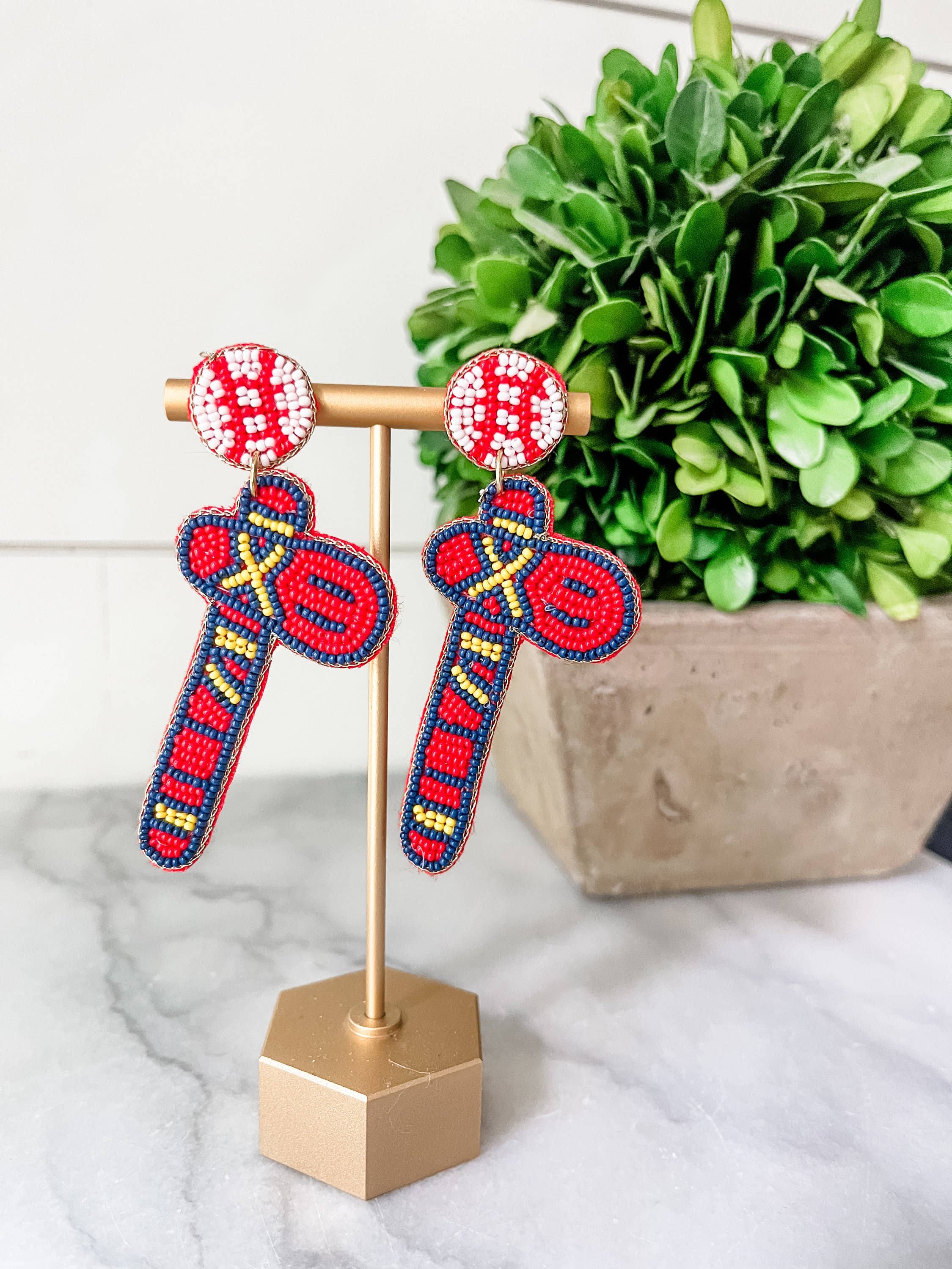 Brookhaven Baubles - Wholesale Dangle Earrings - Atlanta Braves Beaded Tomahawk Statement Earrings MLB3