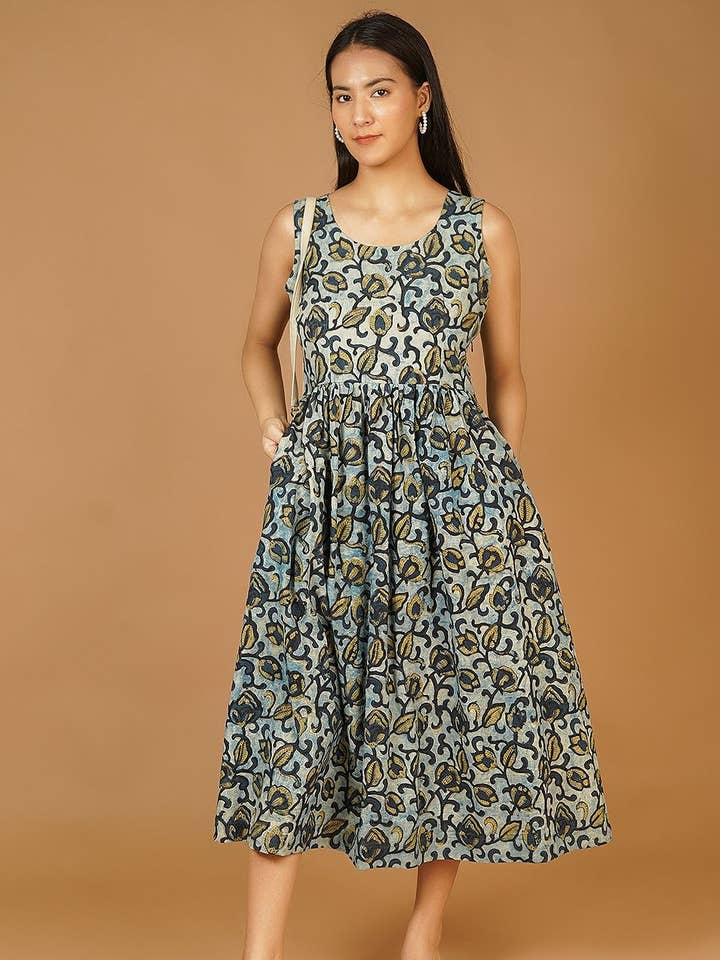 Bagru Midi Blå Kjole (2) for engroshandel hos INDOPHILIA