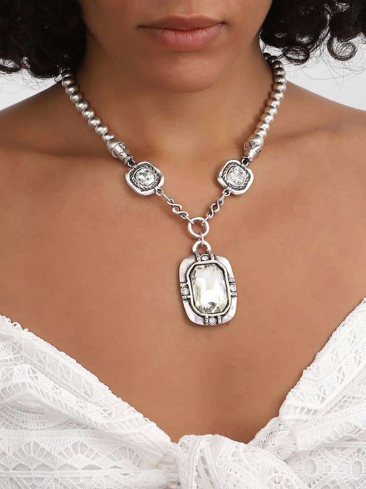 Rectengular Crystal White Stone Ball Chain Necklace for wholesale by AVENS