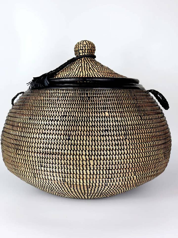 Ali Baba Pear Shape Storage Basket with Leather Pom Pom and Handles . for wholesale by The Bam's Art Shop