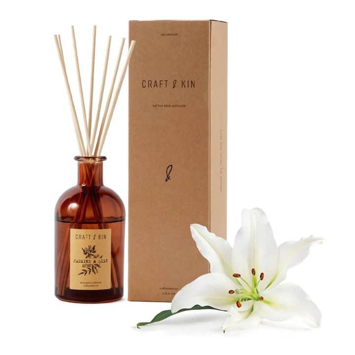 Jasmine & Lily Amber Glass Reed Diffuser Set for wholesale by Craft & Kin