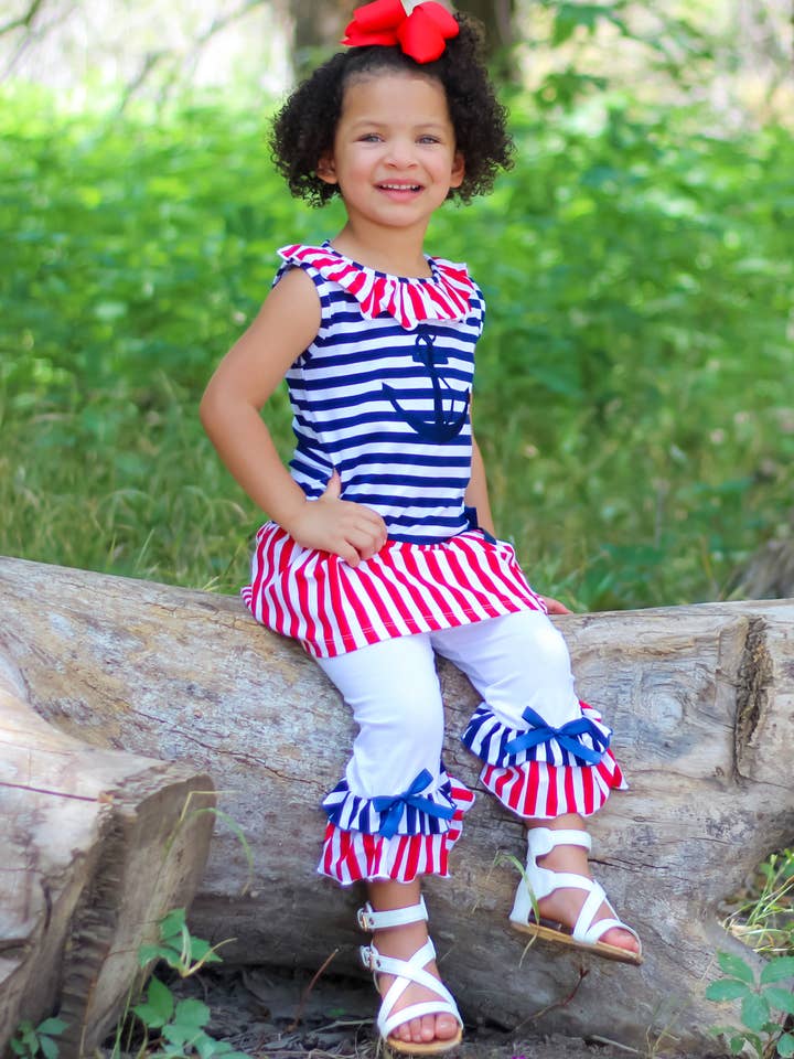 AnnLoren - Wholesale Top & Leggings Set - Kids - Girls Sailor Outfit Nautical Kids Clothing 4th Of July Set4