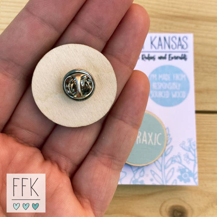 Farr From Kansas – wholesale Lapel pin/button – Dyspraxic Birch Wood Pin Badge