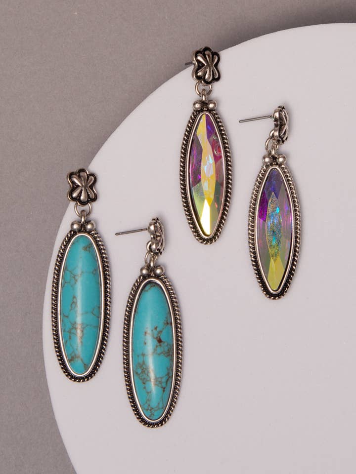 Western Long Marquise-Cut Turquoise or Crystal Earrings for wholesale by SP Sophia Collection