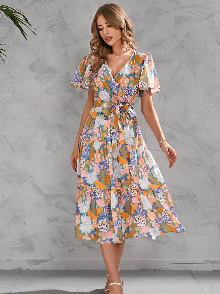 V-neck floral tiered midi dress for wholesale by Miss Sparkling