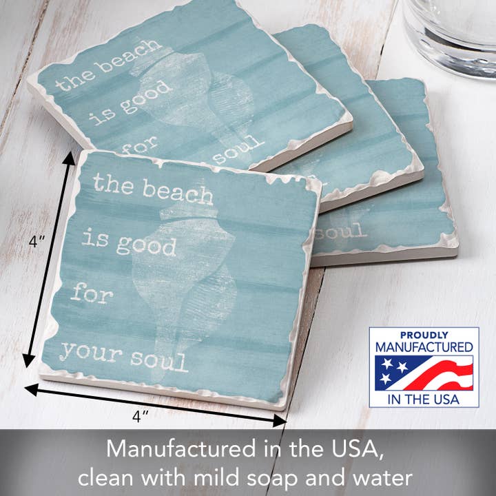 Conimar Promotions - Wholesale Coasters - Beach Soul 4 Pack Stone Coasters in Wooden Holder 2