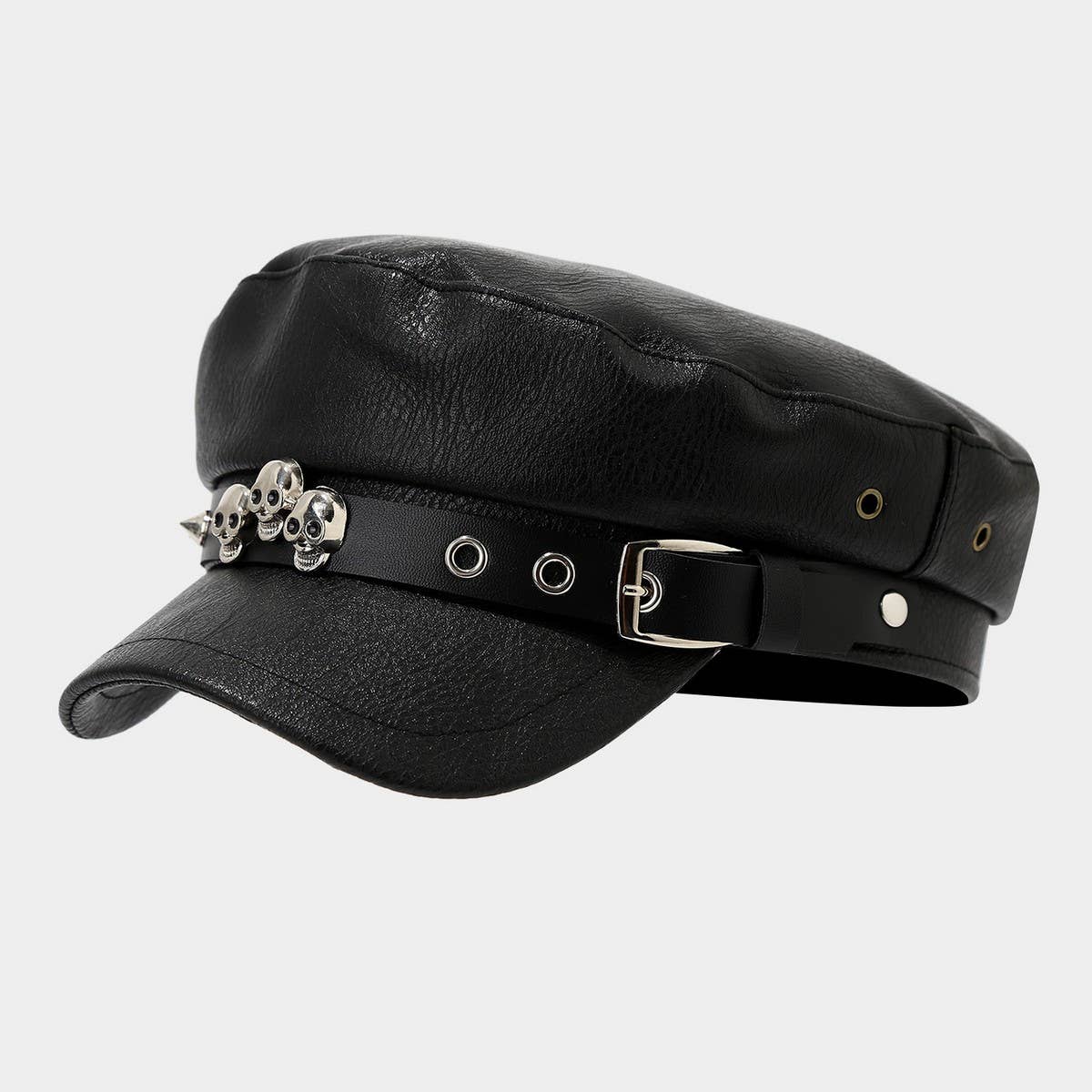 ACCITY - Wholesale Baseball Cap - Women's - Punk Leather Flat Top Cap Studded Army Hat_CWAH046303