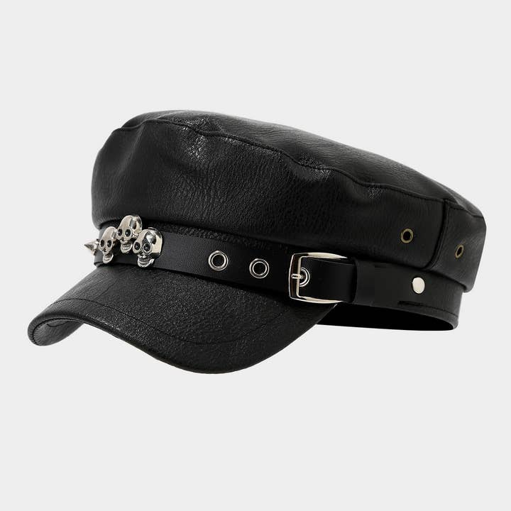 ACCITY - Wholesale Baseball Cap - Women's - Punk Leather Flat Top Cap Studded Army Hat_CWAH046303