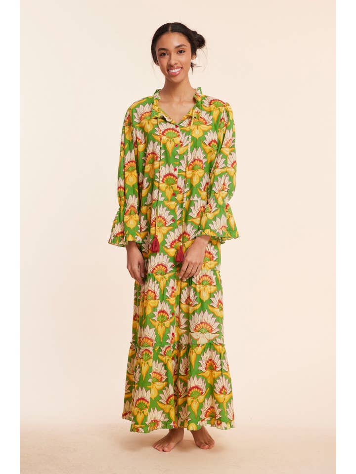 ModaPosa - Wholesale Dress - Women's - Alcee Green White Floral Lilly Fall Resort Maxi Dress
