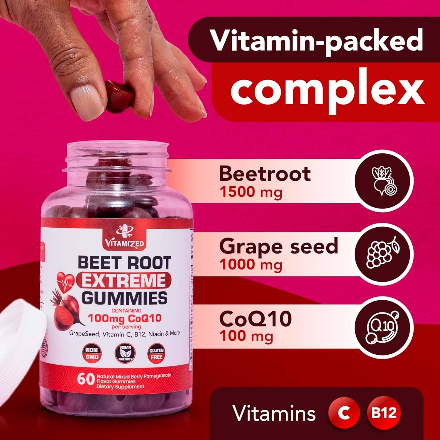 Vitamize inc - Vente Supplément oral/vitamine - Formule extrême Betterave & CoQ10 100 mg avec extrait de pépins de raisin - Gummies4