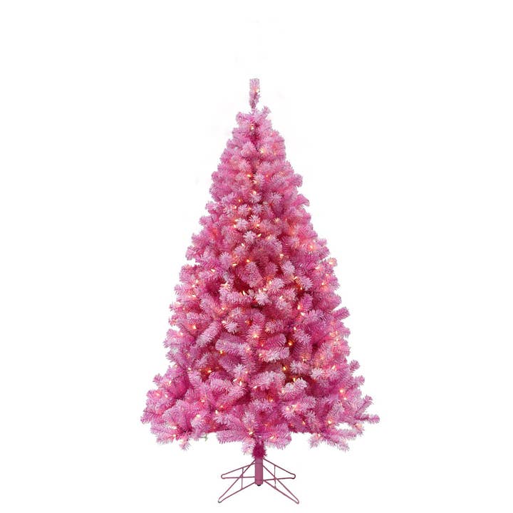 Perfect Holiday - Wholesale Artificial Christmas tree - 6.5' Prelit Pink & Silver Tinsel Christmas with Metal Stand