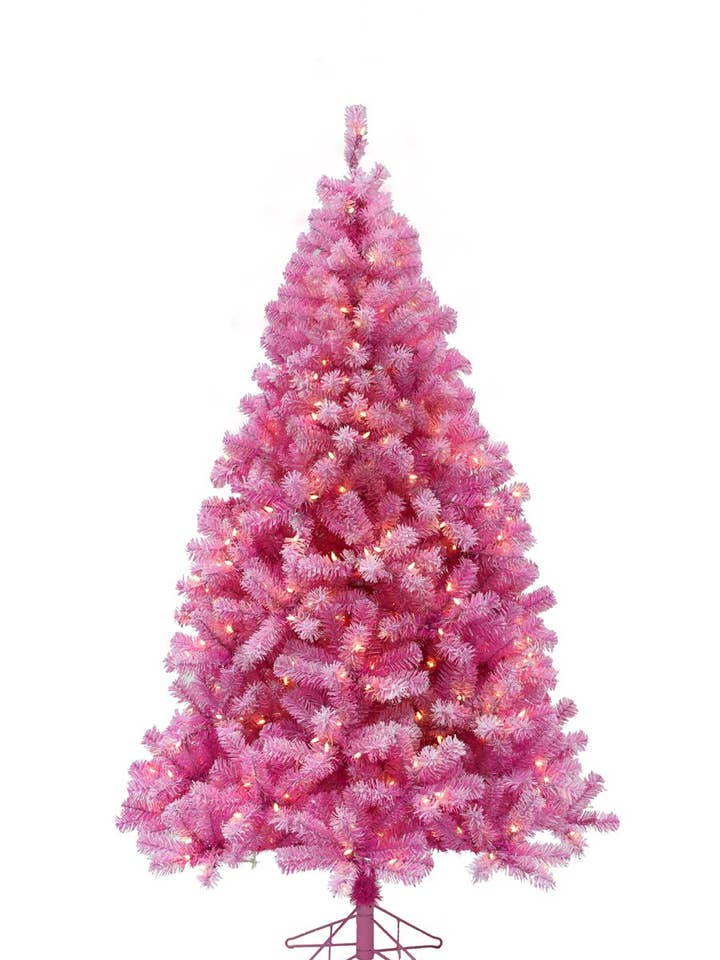 Sapin de Noël rose et argenté 2 m avec guirlandes lumineuses intégrées et pied en métal pour la vente par Perfect Holiday