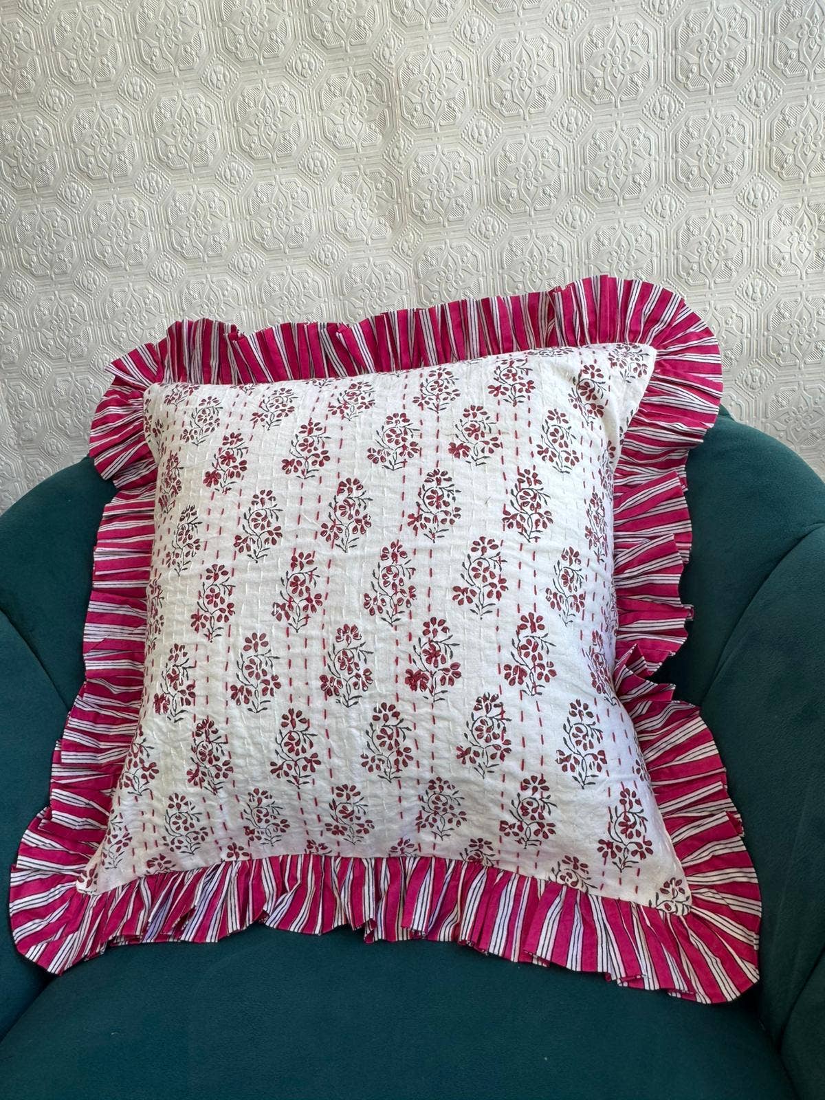 White Pink Red Quilted Kantha Stitch Cushion Pure Soft Cotton Cover for wholesale on Faire1