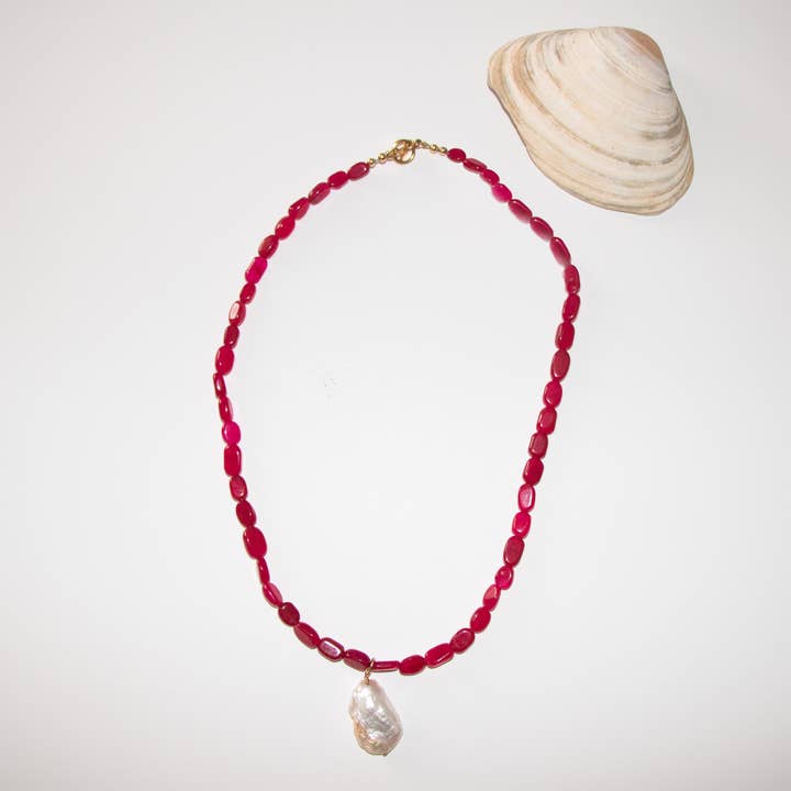 Pink aventurine + coin pearl necklace for wholesale by Maddy Starred