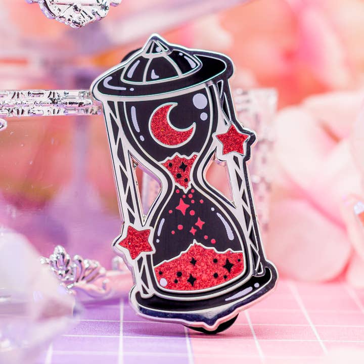 Blood Moon Hourglass hard enamel pin, screen-printed for wholesale by Moonlume