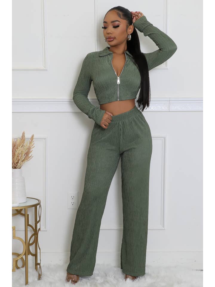 5besties inc - Wholesale Top & Pant Set (NOT Loungewear) - Women's - CRINKLED PLISSE ZIP UP LONG SLEEVE LOUNGEWEAR SET