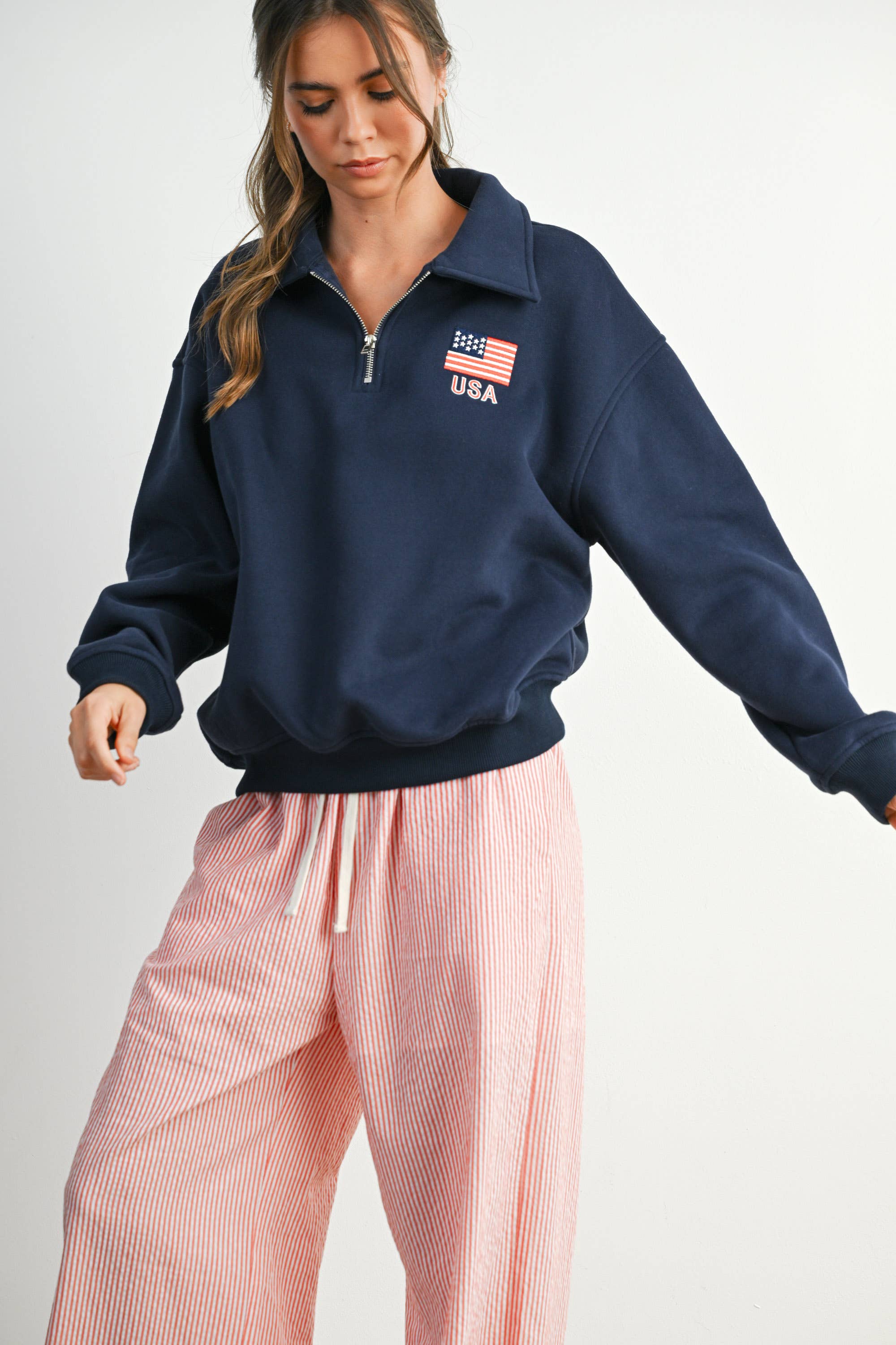 BUTTERMELON - Wholesale Sweatshirt - Women's - Loose Collared Quarter-Zip Top - BMT779416