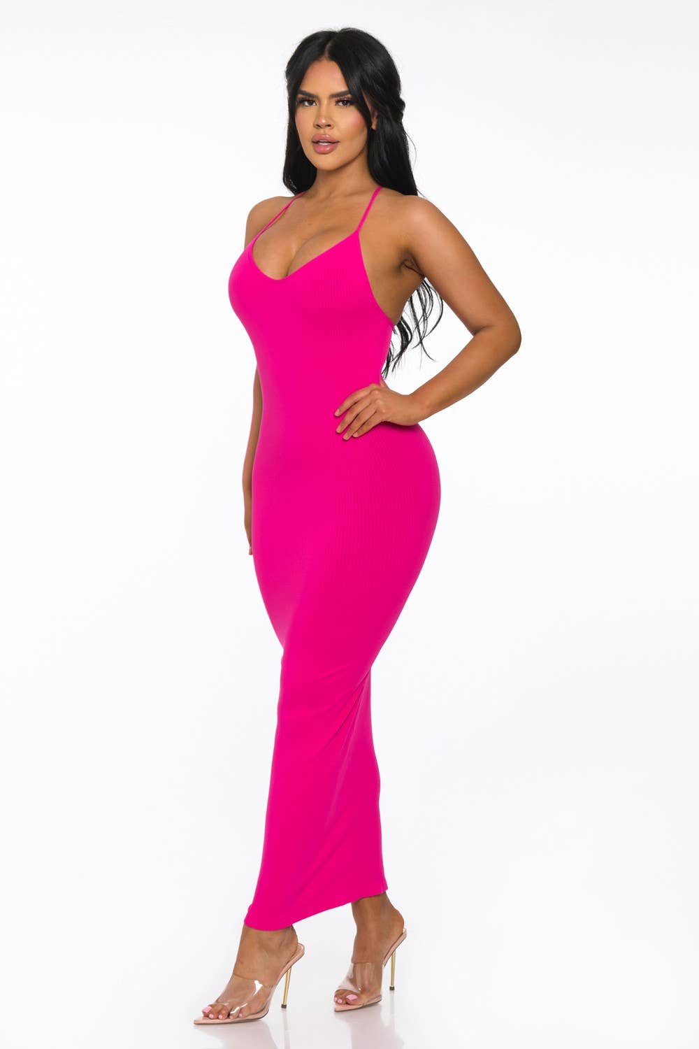Lime All the Time – Großhandel Kleid – Damen – Bodycon-Maxikleid mit gerippten Spaghettiträgern5