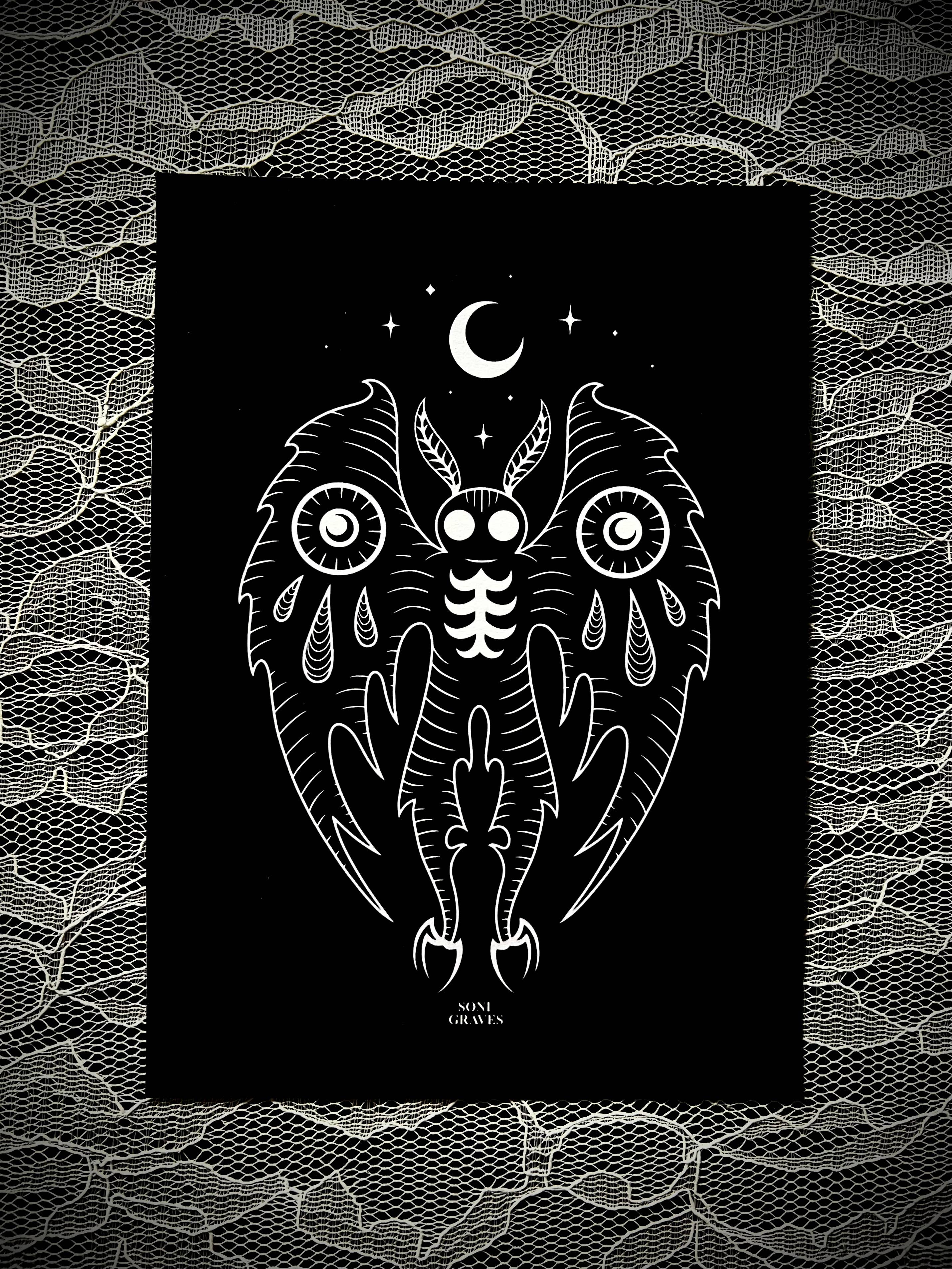 Soni Graves - Wholesale Art Print - Mothman Print, 5x7", Spooky Gothic Dark Cryptid Art3