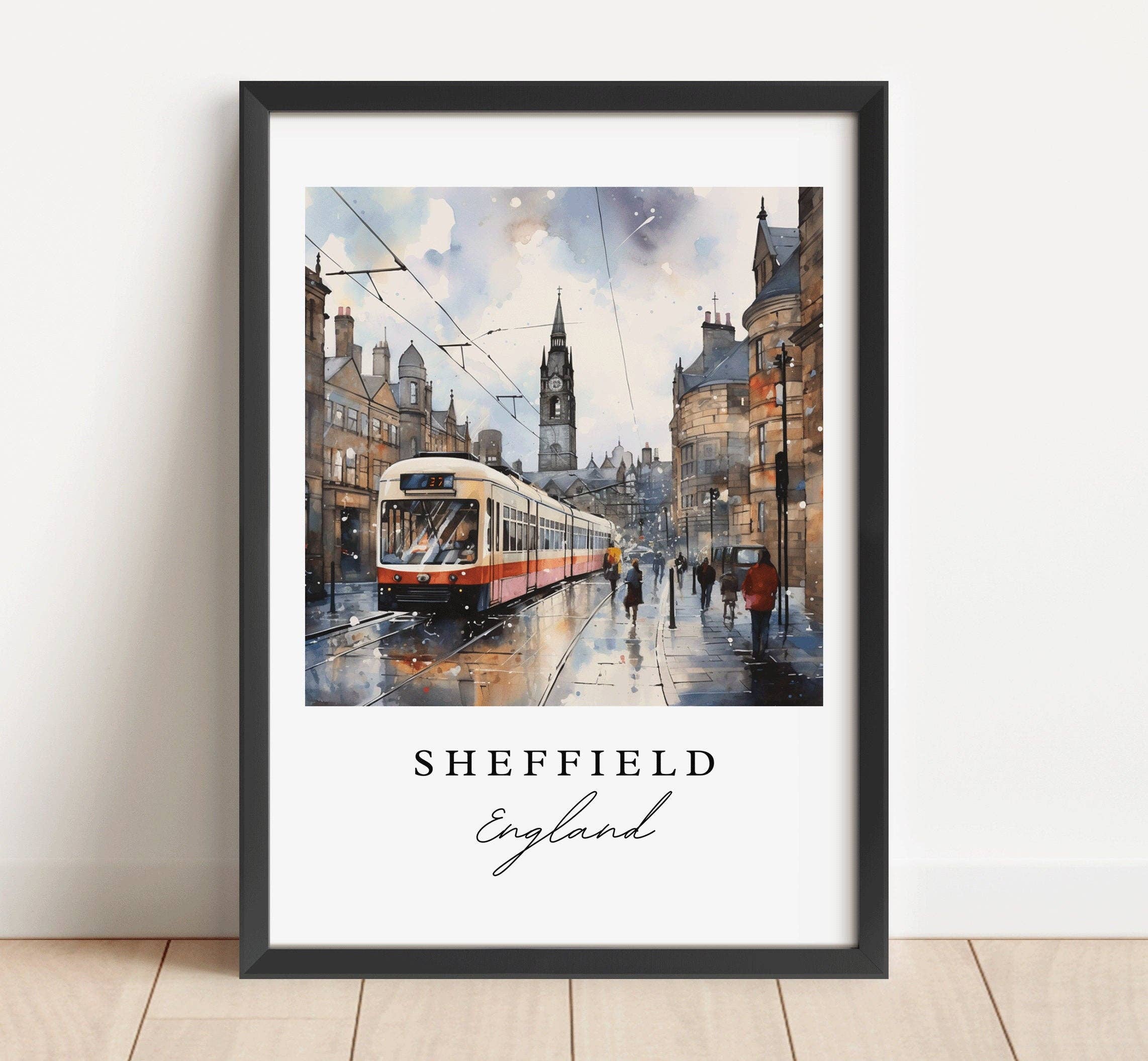 Premium Travel Art - Wholesale Art Print - Sheffield traditional travel art - England, Sheffield poster, Wedding gift, Birthday present, Custom Text, Personalized Gift0