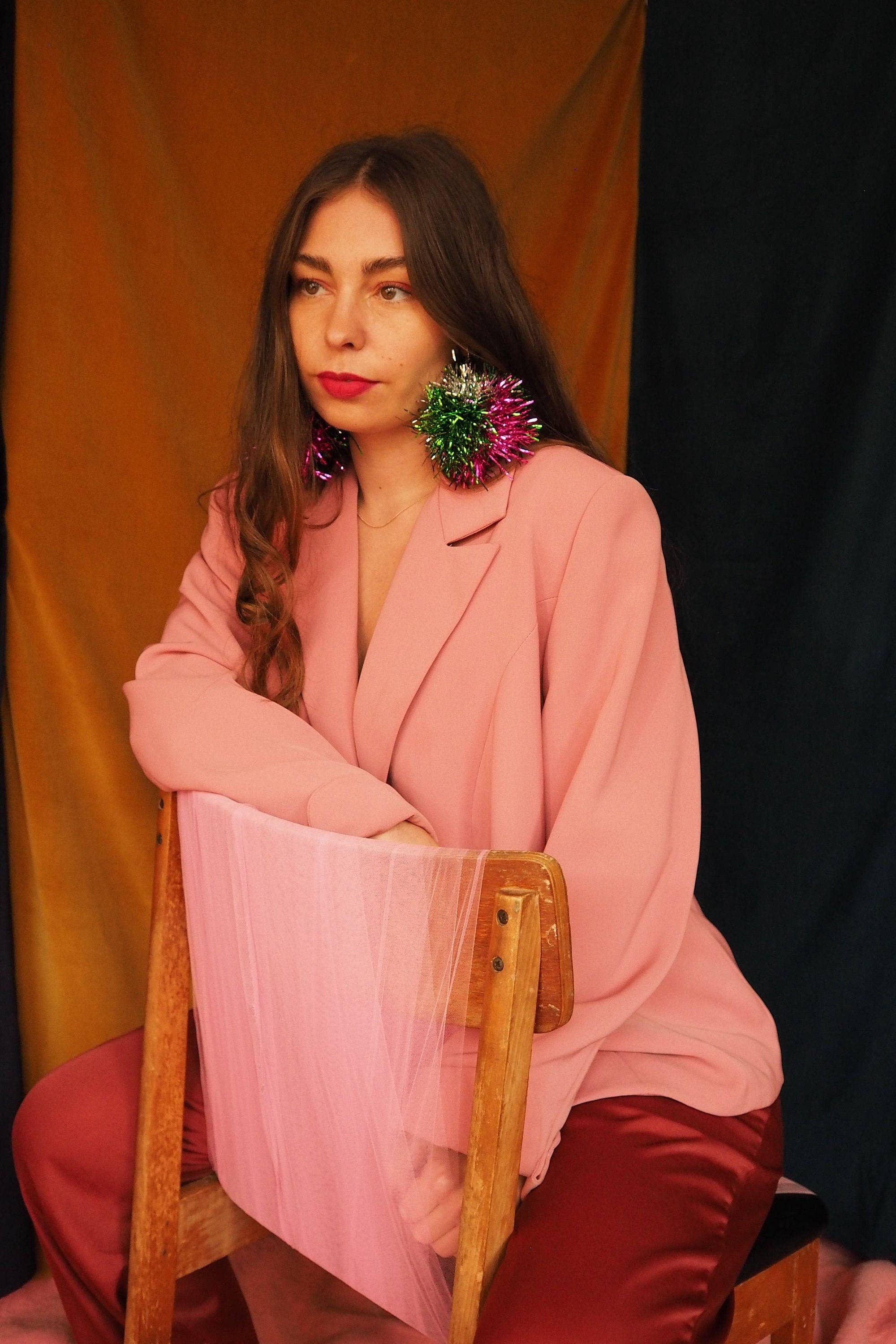 Fat Pom Poms – wholesale Dangle earrings – Green, Pink & Silver Tinsel Pom Pom Earrings - Pom Poms - Christmas Fall Jewelry3