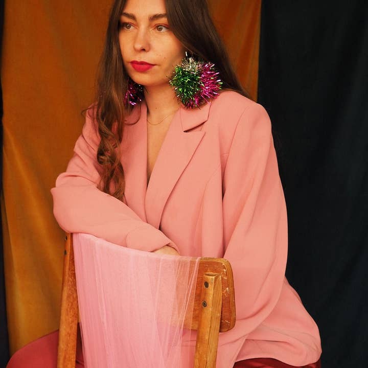 Fat Pom Poms - Wholesale Dangle Earrings - Green, Pink & Silver Tinsel Pom Pom Earrings - Pom Poms - Christmas Fall Jewelry3