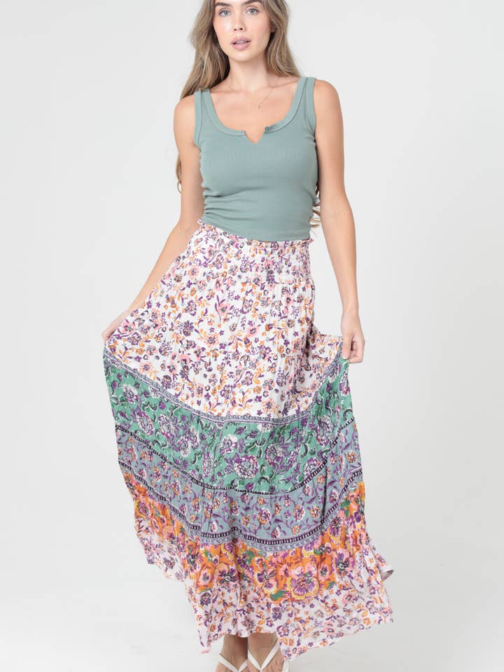 26P57-A972 MIX PRINT SMOCKED WAISTBAND TIERED A LINE MAXI SK for wholesale by ANGIE