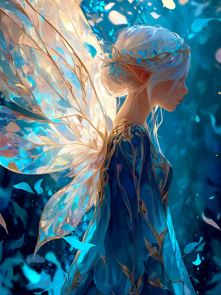 Stampa d'Arte Fata della Luce Blu in Passeggiata - Opera d'Arte Fate 20x25 cm per la vendita all'ingrosso da parte di Mowbi